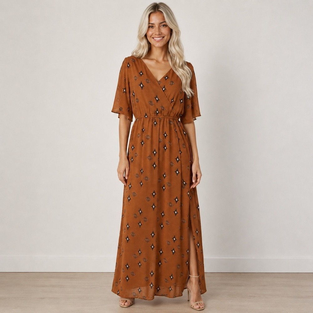 TWIK Rust Orange Geometric Print Flutter Sleeve Faux Wrap Maxi Dress